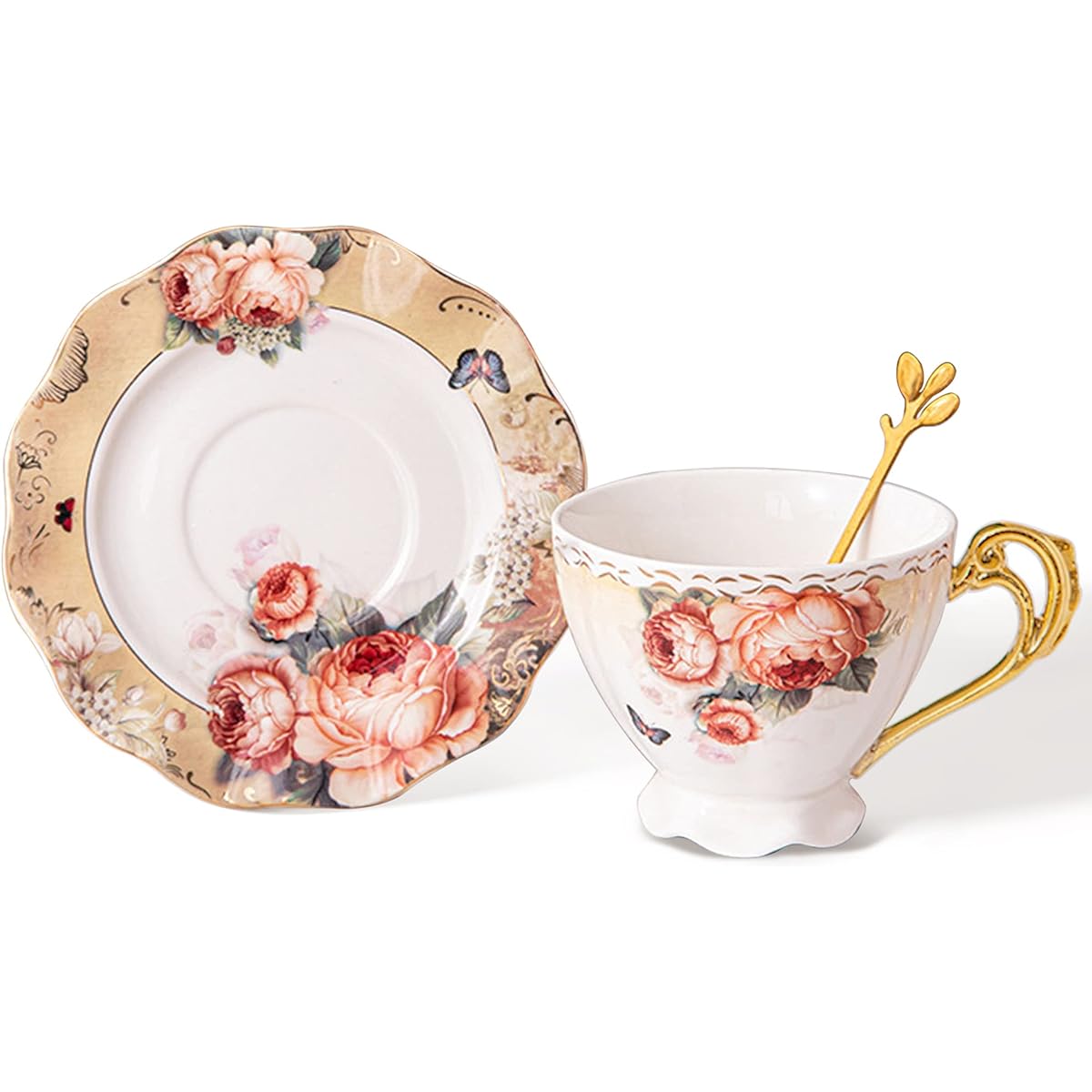 1pc Elegant Floral Tea Cup and Saucer Set - Elegant Peachy-Pink & Golden Porcelain Coffee & Tea Service with Matching Spoon, Large 7oz Cup, Dishwasher Safe - Wedding, Housewarming, Birthday, Mother's Day Gift - Vintage Tableware for Everyday or Formal