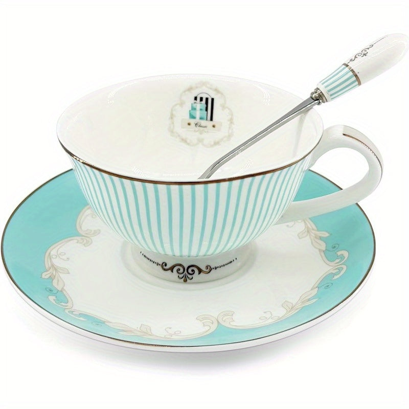 Elegant Vintage Ceramic Teacup Set with a Spoon And Saucer, Featuring Royal Bone China And Striped Design., Ideal for Weddings & Travel, This Porcelain Tea Cups Is An Excellent Luxury Gift, Accessory for Home Ceramic Sofa Mini Tea Cup Tableware Teaware.