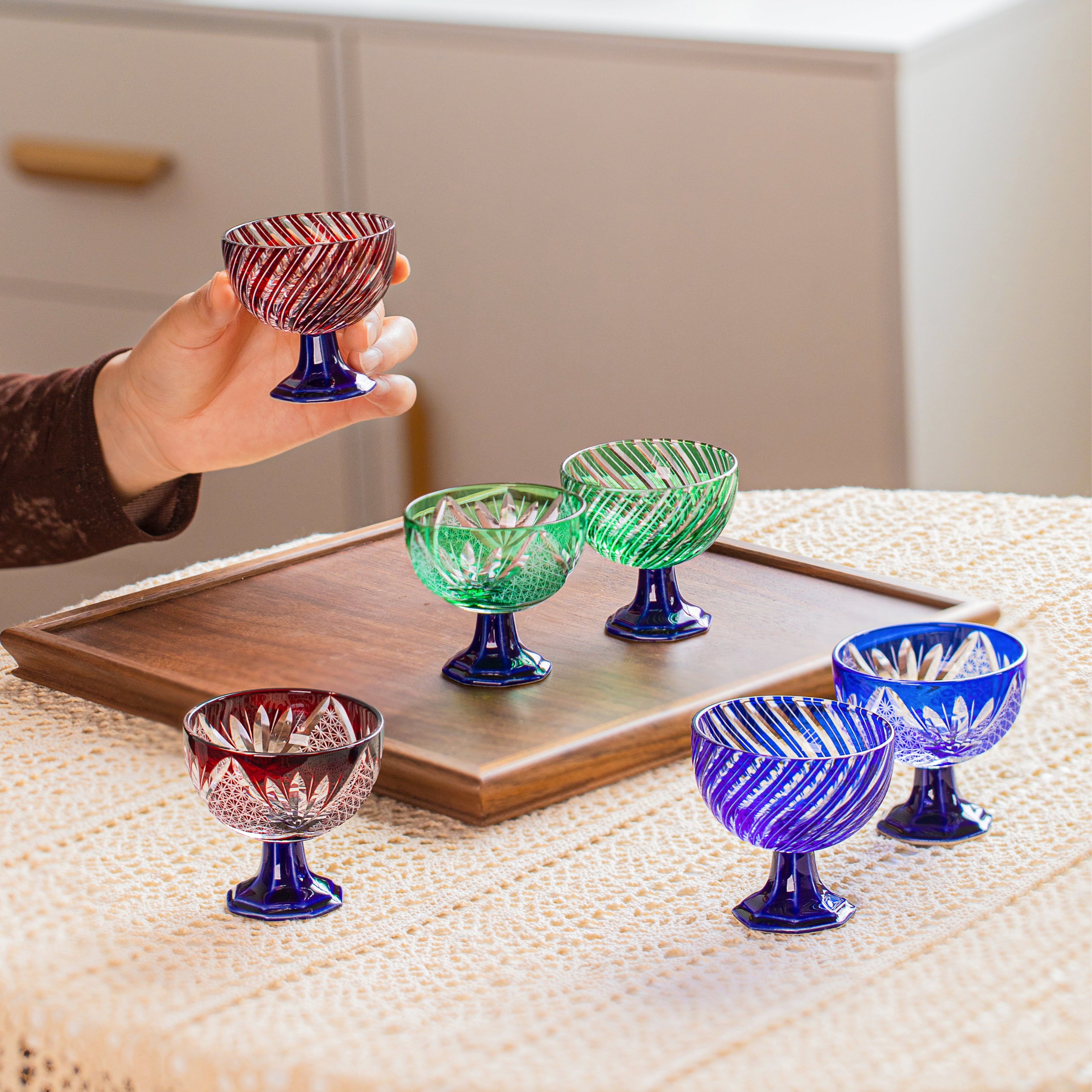 Edo Kiriko Handcrafted Takadai Komon Sake Glass Collection