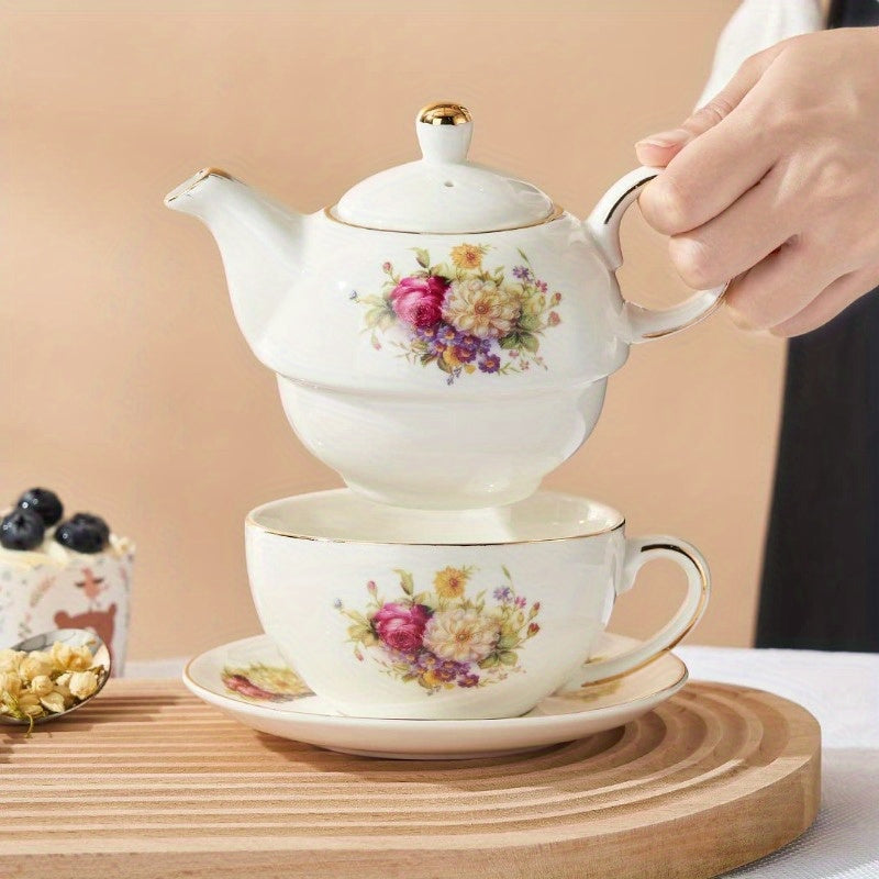 European Porcelain Tea for One Vinta Floral Teapot and Saucer Set Golden Trim Floral Teapot Tea Cup with Saucer Set, Tea Cup And Saucer Set, White Tea Set, Tea Set, Tea Pot And Cup Set, Tea Pot Set, Loose Leaf Tea, Tea Party, Classic Porcelain, Elegant