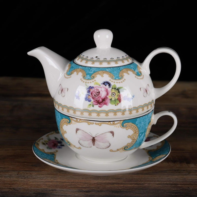 fanquare English Porcelain Tea for One Set Floral Teapot with Cup Blue Tea Cup and Saucer Set