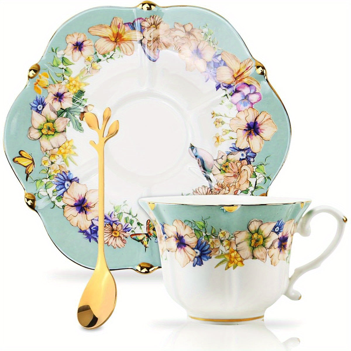 3pcs Vintage Country Roses Porcelain Tea Cup and Saucer Set with Golden Trim - Light Cyan, Elegant Floral Design for Women'S Tea Parties, Includes 1 Cup and 2 Saucers, Perfect for Serving Tea and Coffee, Tea Party Essentials | Floral Pattern Cups |