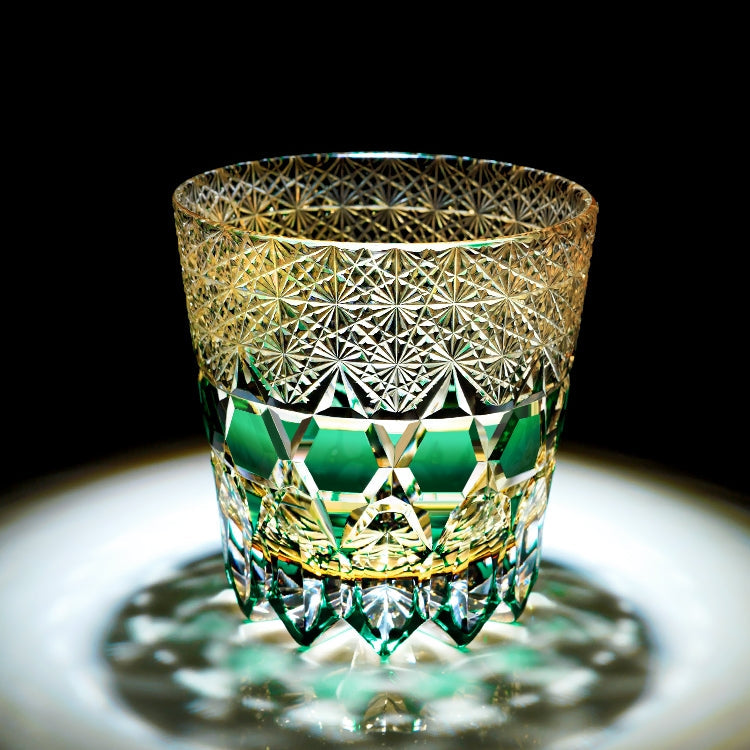 Edo Kiriko Handcrafted Emerald Fluorite Whisky Glass With Wooden Box