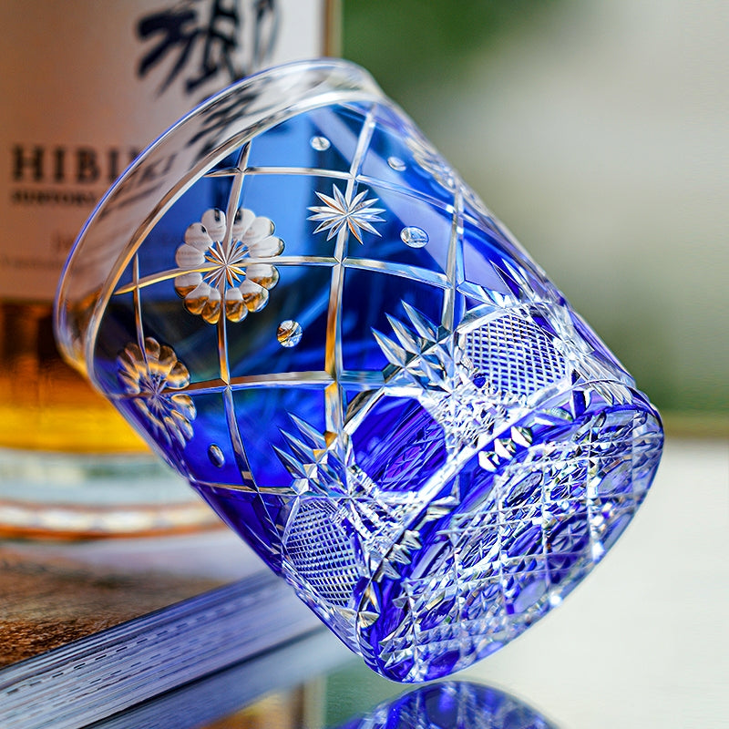 Edo Kiriko Handcrafted Royal Blue Kohana Blossom Glass With Wooden Box