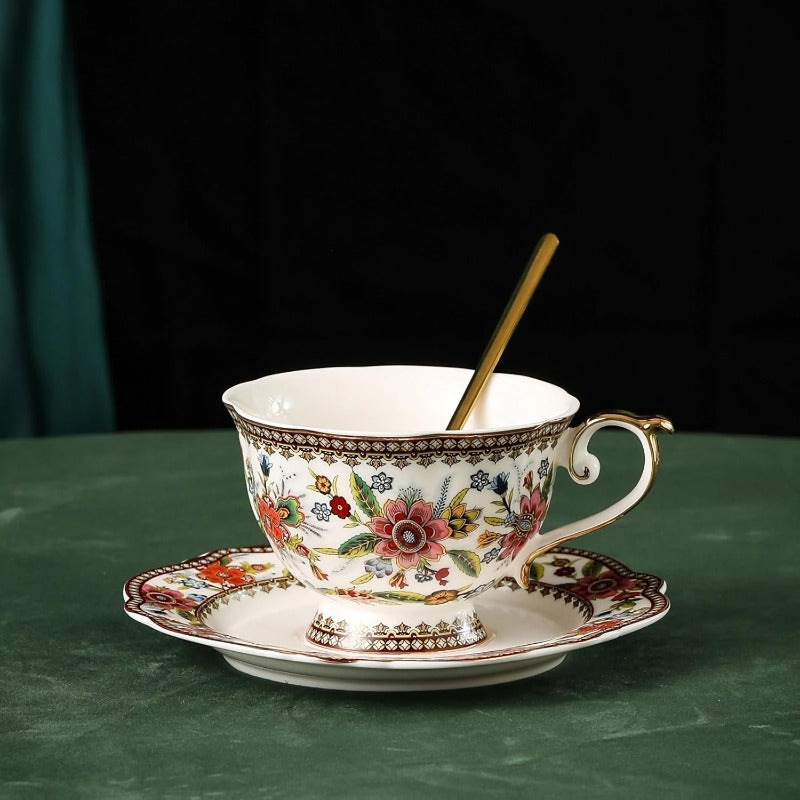 ACMLIFE Vintage Floral Bone China Tea Cup and Saucer Set for 1 - Elegant 6.8oz Tea Service with Golden Trim, Pink/Red/Blue/Green/White/Black/Golden Floral Patterns, Durable & Lightweight, Gift Box Included - Ideal for Tea Parties, Weddings, Housewarming -