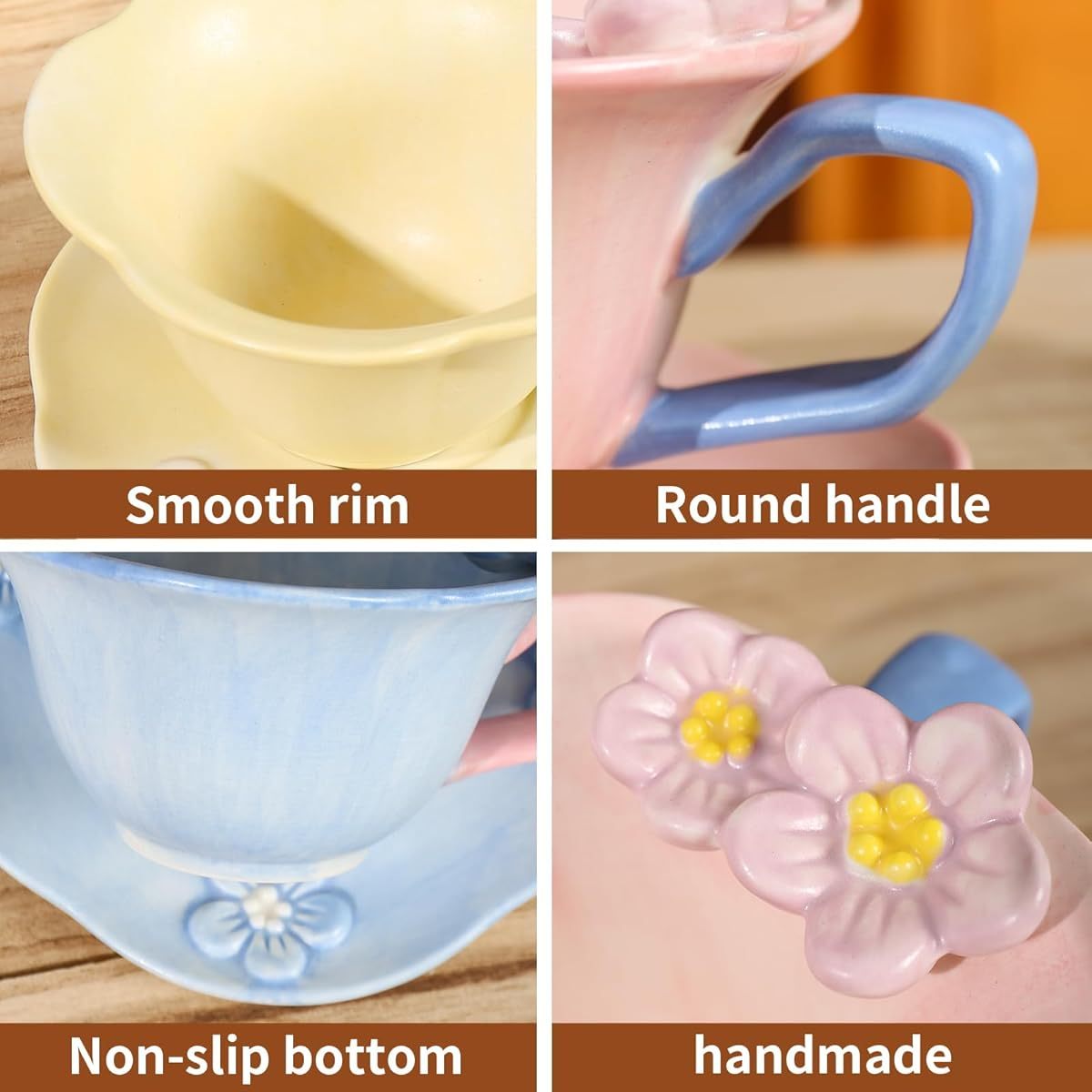 Floral Tea Cups and Saucers, Ceramic Cute Coffee Mug for Women Tea Party, Cappuccino Latte Milk ( Blue)