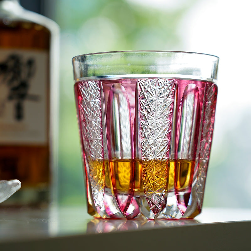 Edo Kiriko Handcrafted Ruby Agave Whisky Glass With Wooden Box