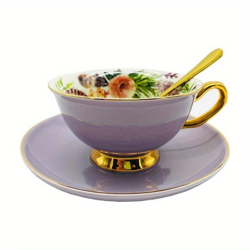 1pc Vintage Royal Purple Bone China Teacup & Saucer Set with Golden Rim - Elegant Fine Ceramic Coffee Cup and Spoon, Hand Wash Only, Delicate Floral Pattern in Soft Pastel Lavender/Purple Tones for Tea, Coffee, Desserts - Ideal for Home, Travel, or Formal