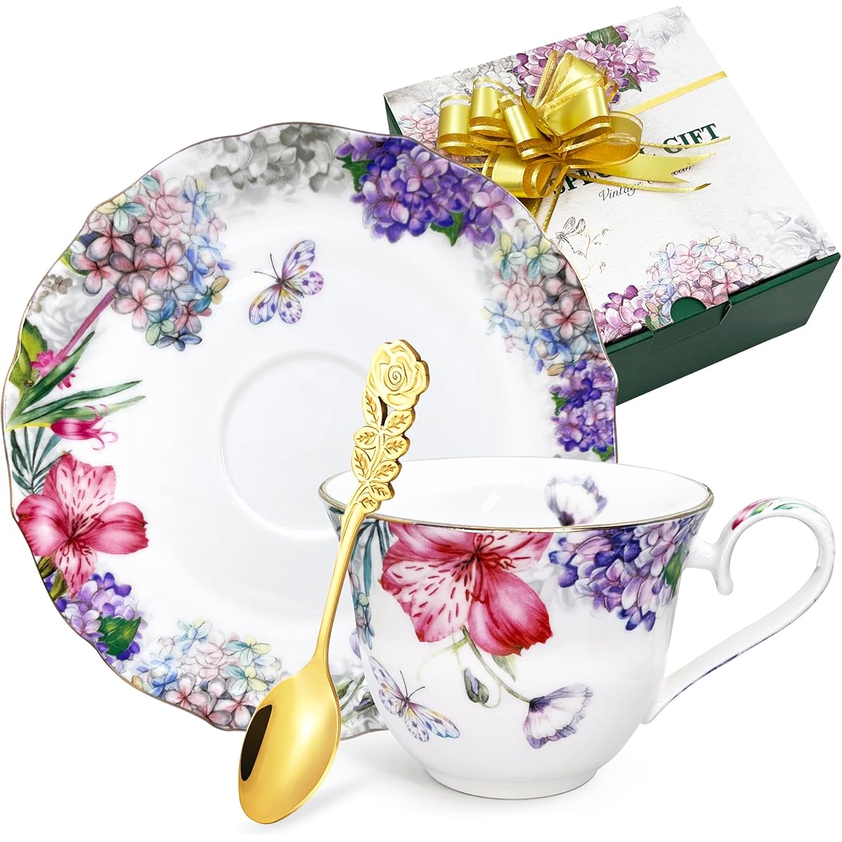 Tea Cups and Saucers Set, Fine Bone China, Porcelain Coffee Cup, Vintage Floral Flower Pattern, with Golden Trim, Spoon, Handle, Antiqued Ceramic, Espresso Drink, for Women Gift box, Tea Party, Tea Cup Set, Tea Cup Set with Tray, Cups for Tea, Tea Set,