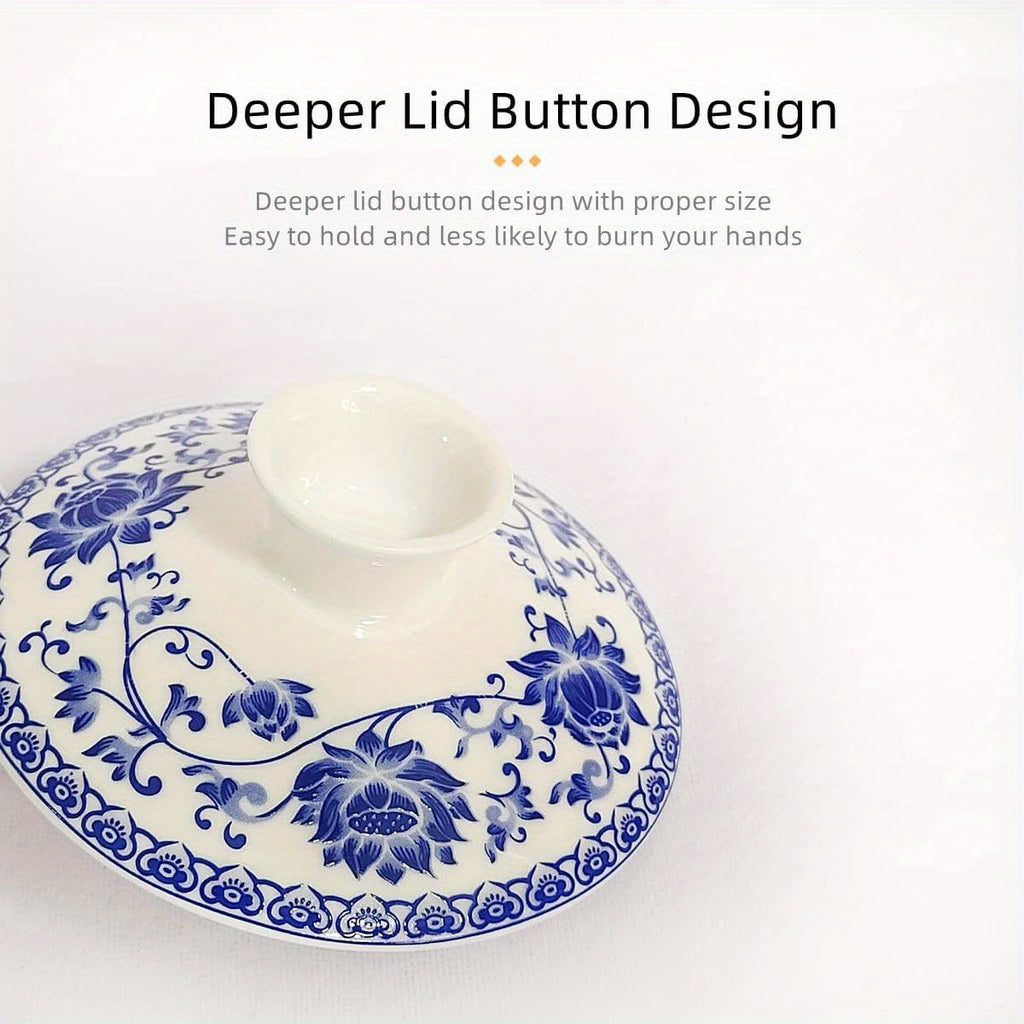 Chinese Gaiwan Tea Cup - Traditional Porcelain Teacup with Lid & Saucer, Elegant Blue and White Floral design, Handleless Cup for Chinese Kung Fu Tea Ceremony, Office, Home - Authentic Asian Tea Cup (6.8oz/ 200ml) - Ideal Gift for Tea Lovers, Office