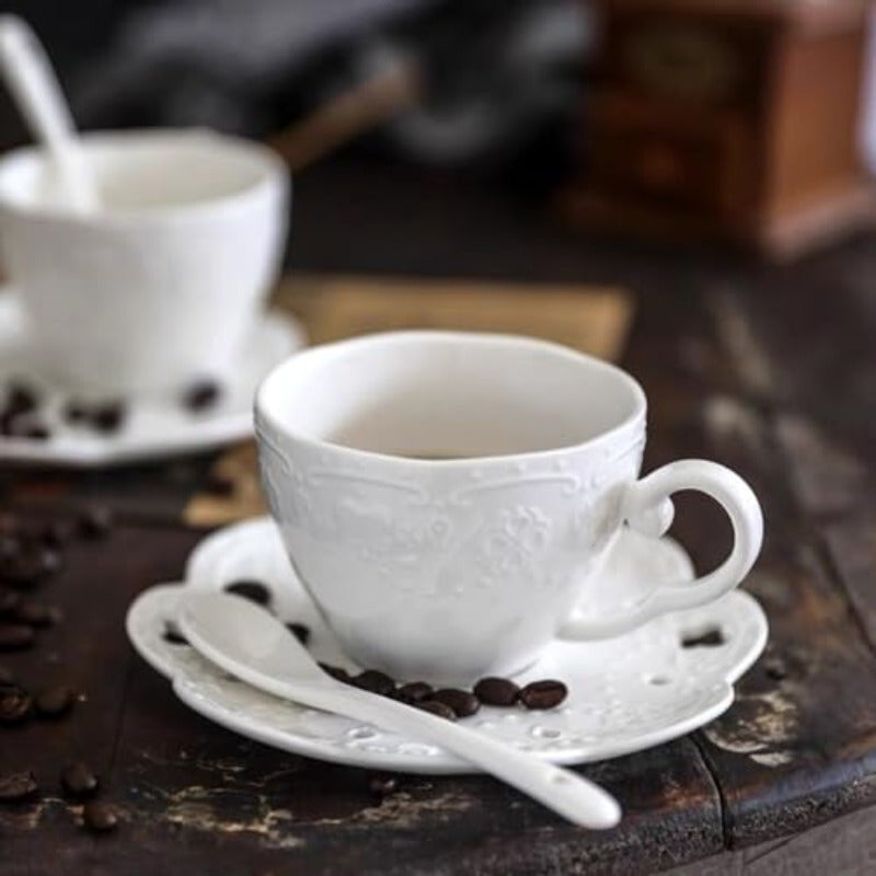 Elegant European Style Bone China Ceramic Tea & Coffee Cup Set with Embossed Floral Design - White, Perfect for Breakfast or Home Kitchen Use, Includes Saucer and Spoon, Tea Cup Set, Breakfast Tableware, Decorative Tableware, Durable Tableware