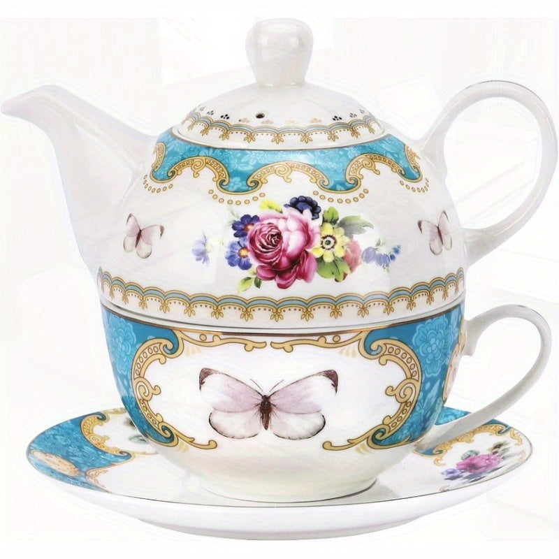 fanquare English Porcelain Tea for One Set Floral Teapot with Cup Blue Tea Cup and Saucer Set