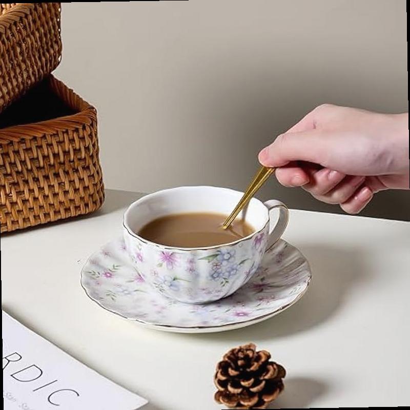 fanquare Country Style Floral Tea Cup and Saucer Set 6 Ounces Cappuccino Coffee Cup with Gold Trim Porcelain Teacups for Women and Tea Parties