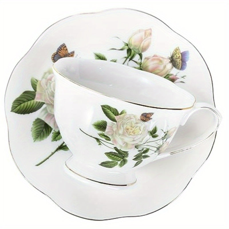 6oz Porcelain Ivory Floral Tea Cup and Saucer Set with Golden Trim - Elegant Latte Cups and Espresso Mug for Coffee Drinks, Perfect for Home or Restaurant Use, Restaurant Quality Tea Set|Floral Pattern Cups|Durable Porcelain