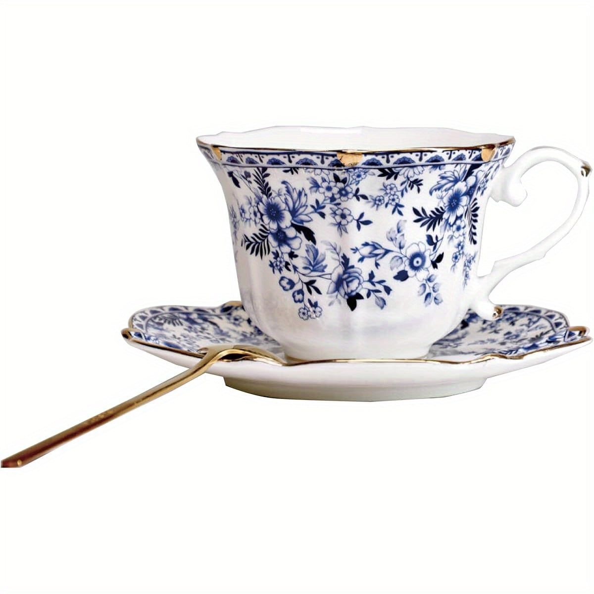 Vintage Floral Porcelain Tea Cup and Saucer Set with Golden Trim, Spoon, Espresso, Coffee, Gift Boxes ( 1, China Flower)