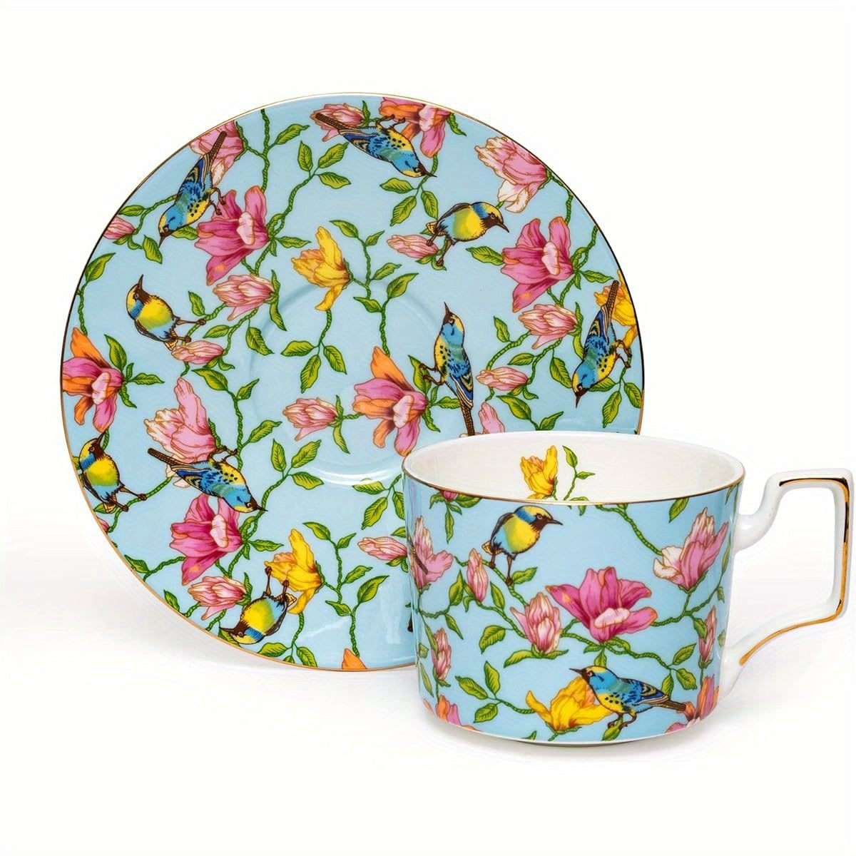 1pc Vintage Floral Teacup and Saucer Set - Elegant Bone China Tea Cups with Golden Rim & Handle, 8-Ounce Capacity, Pastel Blue & Pink Floral Pattern - Dishwasher Safe, Ideal Gift for Women, Mom, Birthday, Christmas, Mother's Day - Elegant Tea Party Set