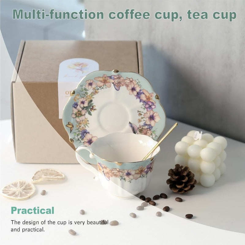 1 Set Vinta Floral Porcelain Tea Cup and Saucer Set with Spoon - Golden Trim Elegant Teal & Pastel Floral Design, 6.4oz Cup & Saucer, Comfortable Handle & Stable Saucer for Tea, Coffee, Espresso - Durable Fine China for Home, Travel, Special Occasions -