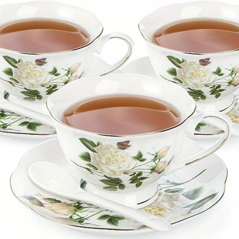 6oz Porcelain Ivory Floral Tea Cup and Saucer Set with Golden Trim - Elegant Latte Cups and Espresso Mug for Coffee Drinks, Perfect for Home or Restaurant Use, Restaurant Quality Tea Set|Floral Pattern Cups|Durable Porcelain