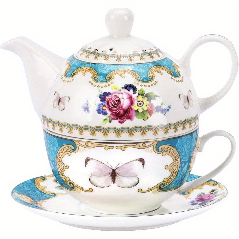 fanquare English Porcelain Tea for One Set Floral Teapot with Cup Blue Tea Cup and Saucer Set