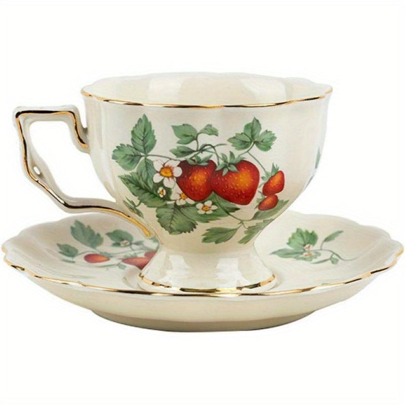 1pc Vintage Strawberry Floral Teapot - Elegant & Golden Porcelain Tea Set with Non-Slip Base, Dishwasher Safe Cup and Saucer + Teaspoon - Luxury Dining Tableware for Coffee, Tea, Special Occasions - Ideal Gift for Women & Home Decor - Strawberry Pattern,