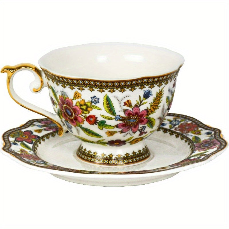 ACMLIFE Vintage Floral Tea Cup and Saucer Set with Spoon - Elegant Pink & Golden Bone China, 6.8oz, Includes 1 Cup, 1 Saucer, and 1 Spoon, Perfect for Tea Lovers, Tea Lover Gift|Elegant Tea Set|Durable Tea Set, Tea Cup Set