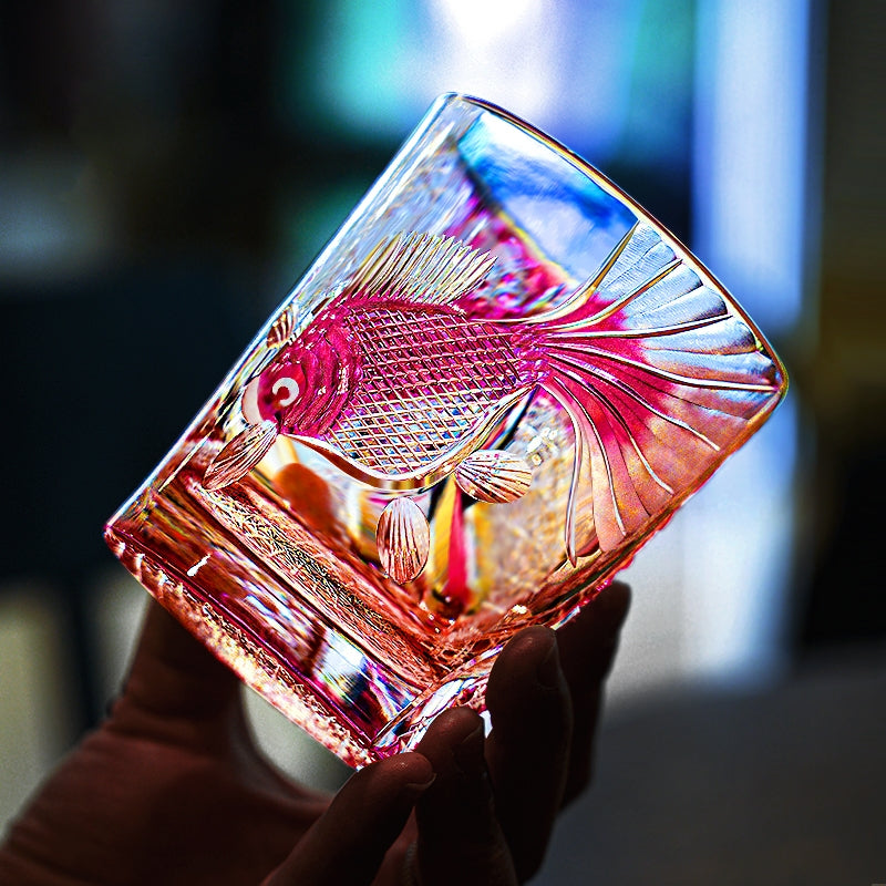 Edo Kiriko Handcrafted Taikan Rose Koi Whisky Glass With Wooden Box