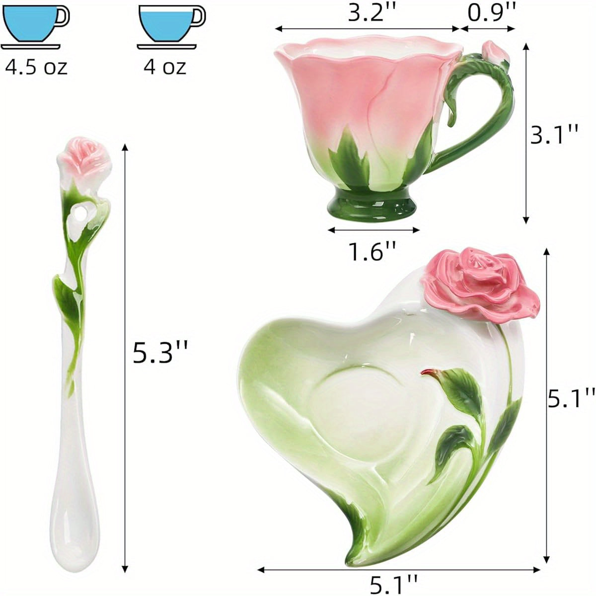 Pink Tea Cups with Saucer and Spoon, 4. 5oz Small Ceramic Rose Flower Tea Cup Set for Women, Hand Crafted Vintage Coffee Latte Mug, Porcelain Fancy Teaware for Mother' s Day Birthday Gift Party, Cups for Tea, Unique Coffee Mugs, Teacup, Coffee Cup, Tea