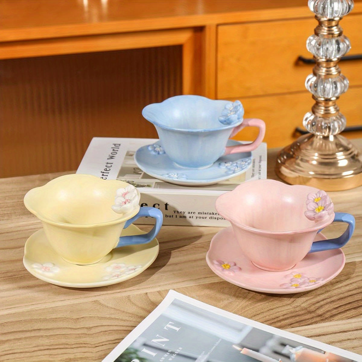 Floral Tea Cups and Saucers, Ceramic Cute Coffee Mug for Women Tea Party, Cappuccino Latte Milk ( Blue)