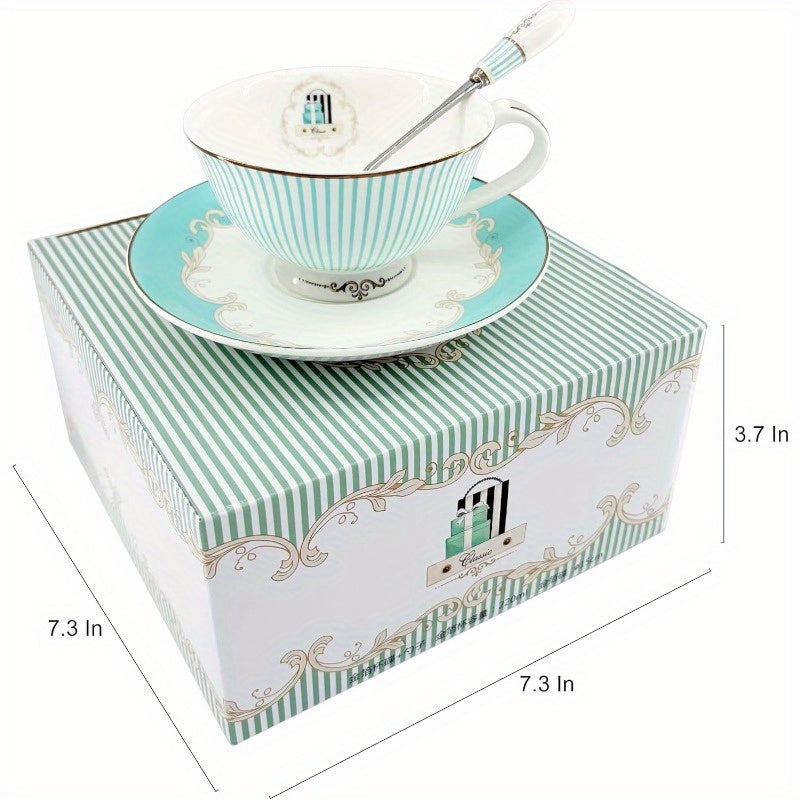 Elegant Vintage Ceramic Teacup Set with a Spoon And Saucer, Featuring Royal Bone China And Striped Design., Ideal for Weddings & Travel, This Porcelain Tea Cups Is An Excellent Luxury Gift, Accessory for Home Ceramic Sofa Mini Tea Cup Tableware Teaware.