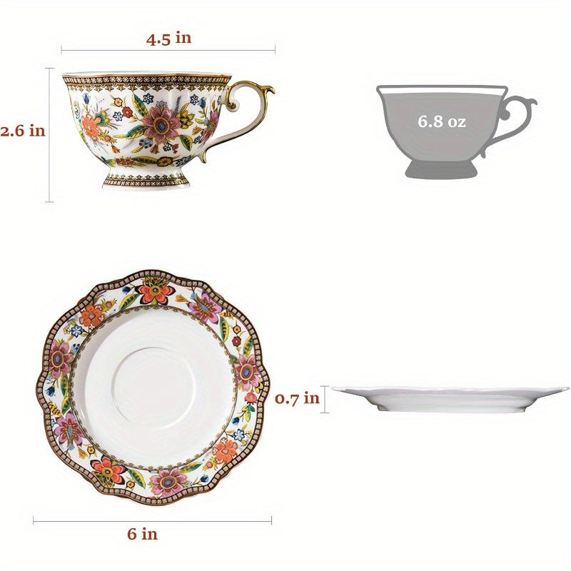 ACMLIFE Vintage Floral Tea Cup and Saucer Set with Spoon - Elegant Pink & Golden Bone China, 6.8oz, Includes 1 Cup, 1 Saucer, and 1 Spoon, Perfect for Tea Lovers, Tea Lover Gift|Elegant Tea Set|Durable Tea Set, Tea Cup Set