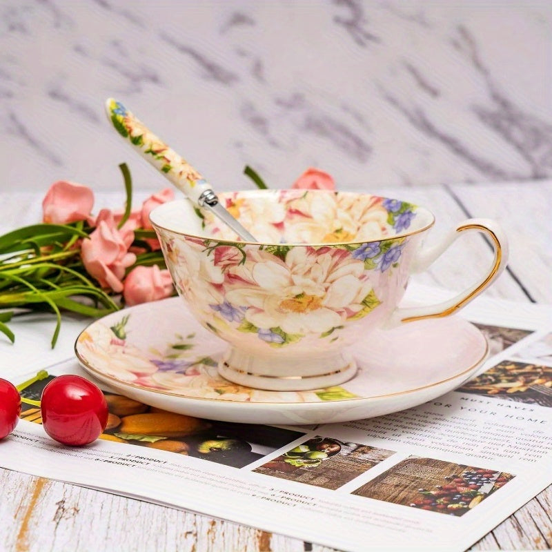 1pc Vintage Floral Bone China Tea Cup and Saucer Set - Elegant Pink & Golden English Teacup with Saucer, 7oz Delicate Pastel Colors (Pink, Green, Blue, Yellow, White) for Women's Tea Parties, Birthday, Mother's Day Gift, Hand Wash Only, Dainty Tableware