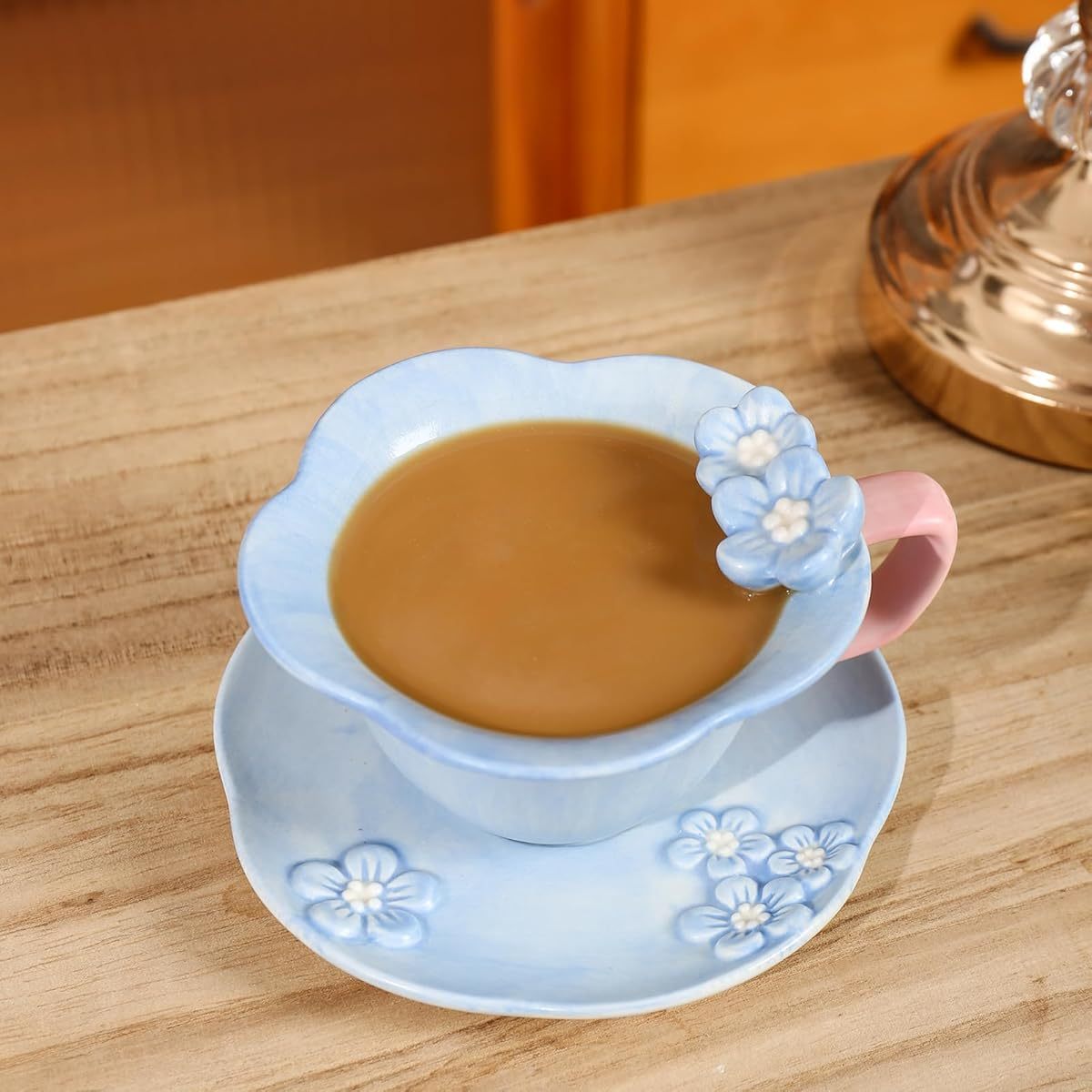 Floral Tea Cups and Saucers, Ceramic Cute Coffee Mug for Women Tea Party, Cappuccino Latte Milk ( Blue)