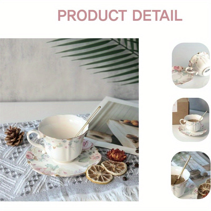 Vinta Floral Porcelain Tea Cup and Saucer Set with Spoon Golden Trim 6.4oz Set of 1 Pink 1 Pink, Tea Set, Elegant Tea Party, Tea Time, Classic Porcelain, Vintage Floral Design, Fine China, Delicate Craftsmanship, Floral Teacup, Gift for Her, Hostess Gift