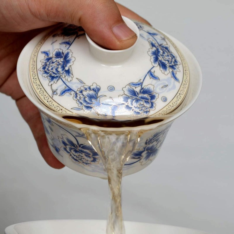 Traditional Gaiwan Tea Set with Lid and Saucer Handmade Ceramic Tea Cup Flower Porcelain Teacups 10oz, Tea Ceremony, Traditional Brewing, Elegant Teacup, Classic Ceramics, Handcrafted Pottery, Fine Porcelain, Gift for Tea Lovers, Home Brewers