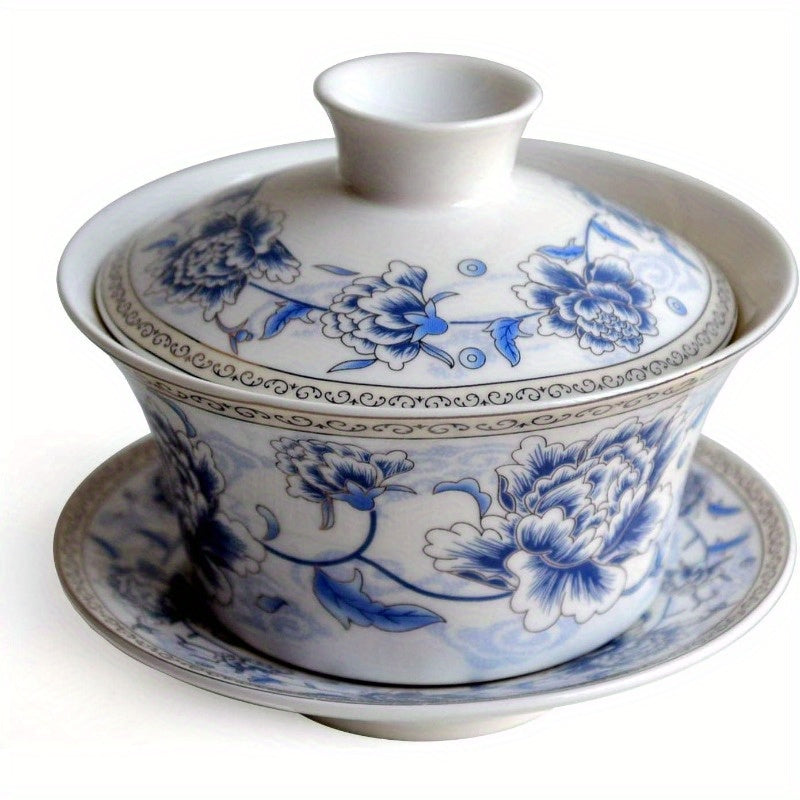Traditional Gaiwan Tea Set with Lid and Saucer Handmade Ceramic Tea Cup Flower Porcelain Teacups 10oz, Tea Ceremony, Traditional Brewing, Elegant Teacup, Classic Ceramics, Handcrafted Pottery, Fine Porcelain, Gift for Tea Lovers, Home Brewers