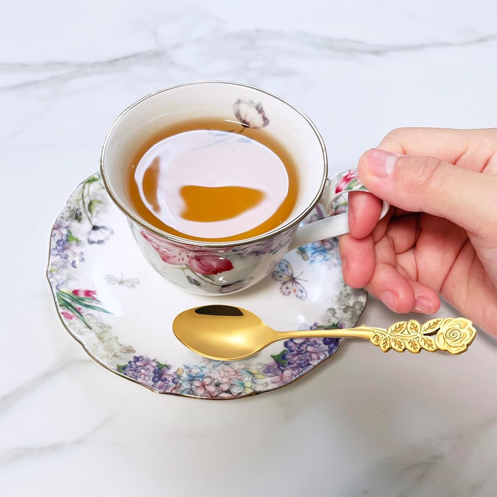 Tea Cups and Saucers Set, Fine Bone China, Porcelain Coffee Cup, Vintage Floral Flower Pattern, with Golden Trim, Spoon, Handle, Antiqued Ceramic, Espresso Drink, for Women Gift box, Tea Party, Tea Cup Set, Tea Cup Set with Tray, Cups for Tea, Tea Set,