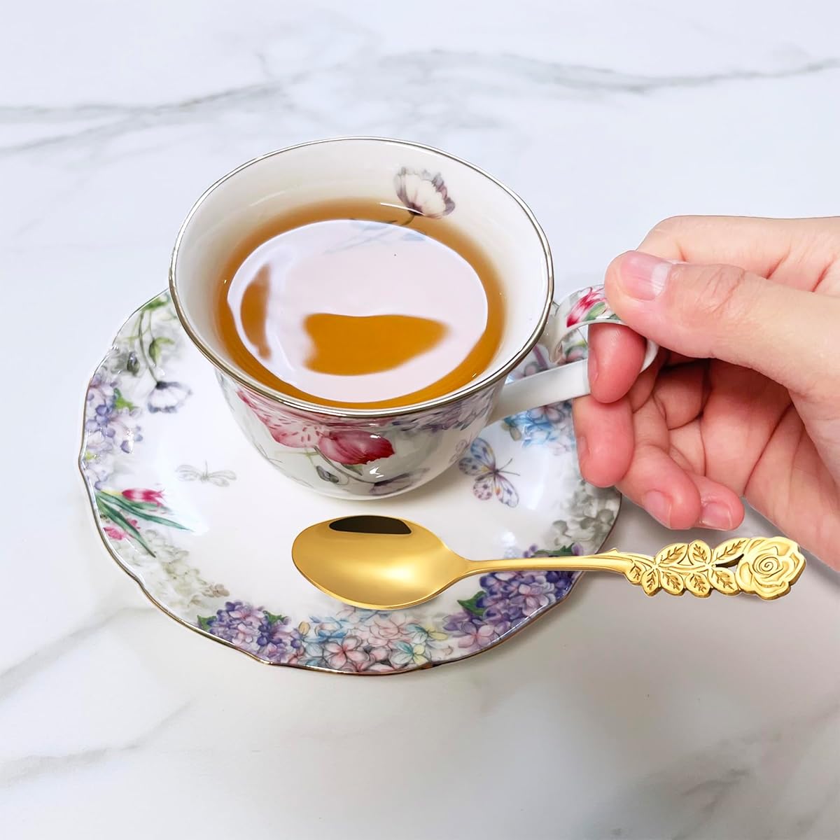 Tea Cups and Saucers Set, Fine Bone China, Porcelain Coffee Cup, Vintage Floral Flower Pattern, with Golden Trim, Spoon, Handle, Antiqued Ceramic, Espresso Drink, for Women Gift box, Tea Party, Tea Cup Set, Tea Cup Set with Tray, Cups for Tea, Tea Set,
