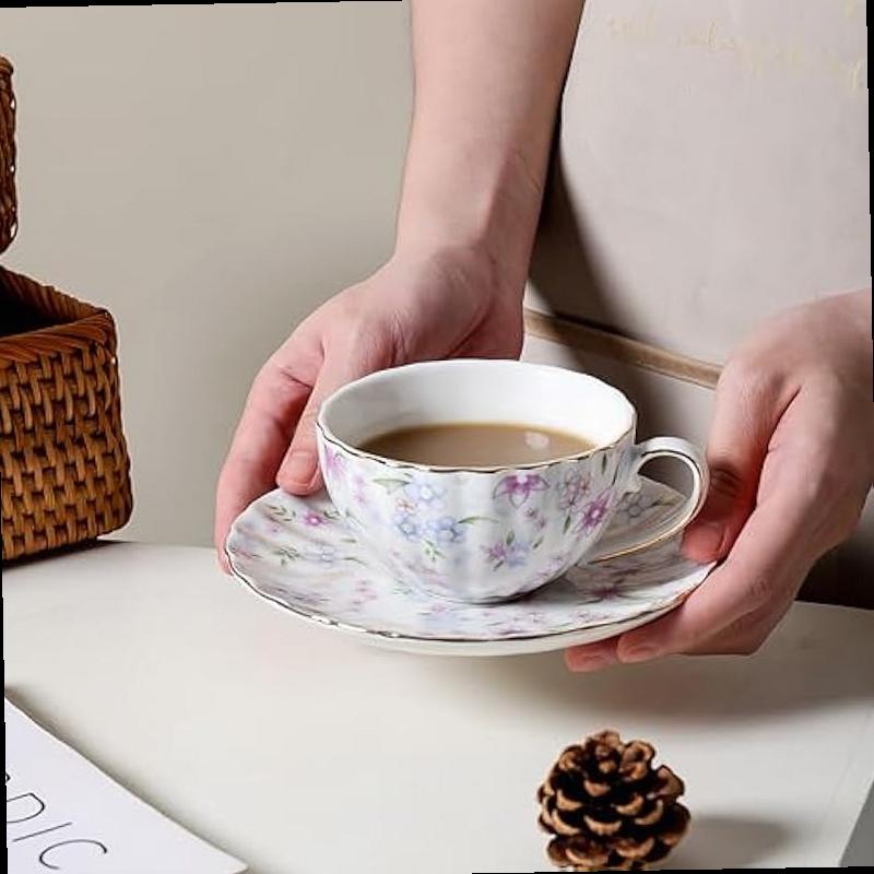fanquare Country Style Floral Tea Cup and Saucer Set 6 Ounces Cappuccino Coffee Cup with Gold Trim Porcelain Teacups for Women and Tea Parties
