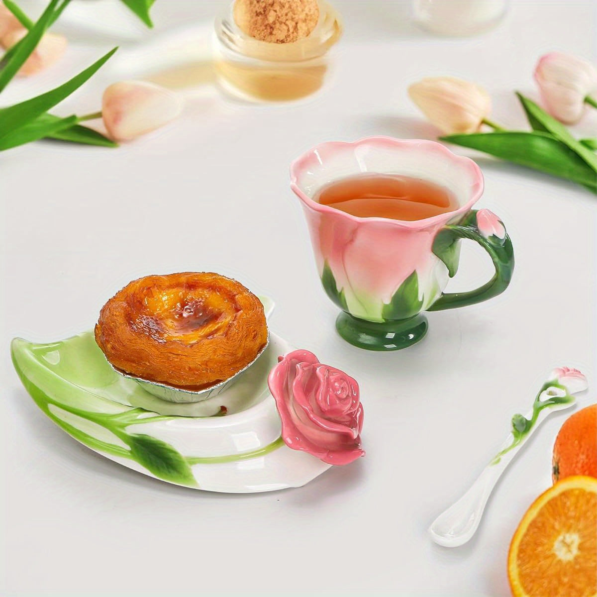 Pink Tea Cups with Saucer and Spoon, 4. 5oz Small Ceramic Rose Flower Tea Cup Set for Women, Hand Crafted Vintage Coffee Latte Mug, Porcelain Fancy Teaware for Mother' s Day Birthday Gift Party, Cups for Tea, Unique Coffee Mugs, Teacup, Coffee Cup, Tea