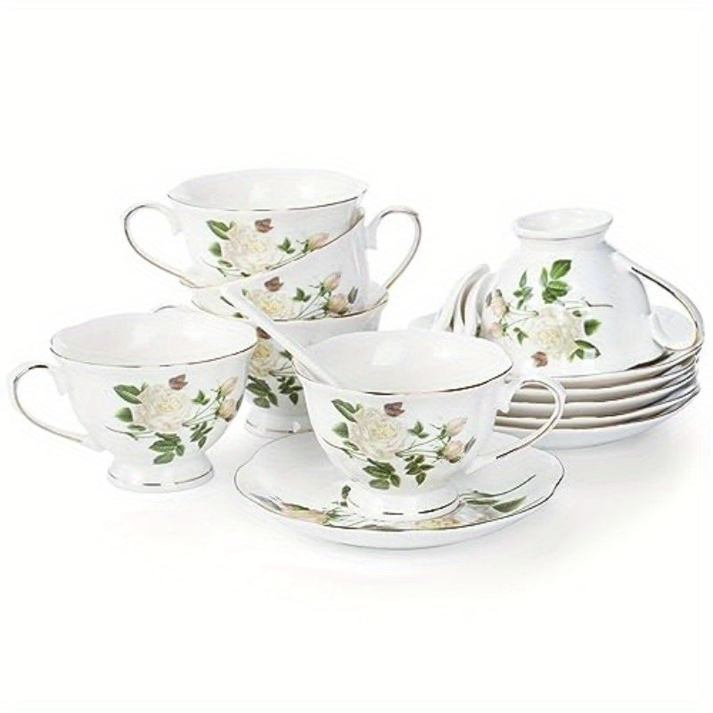 6oz Porcelain Ivory Floral Tea Cup and Saucer Set with Golden Trim - Elegant Latte Cups and Espresso Mug for Coffee Drinks, Perfect for Home or Restaurant Use, Restaurant Quality Tea Set|Floral Pattern Cups|Durable Porcelain