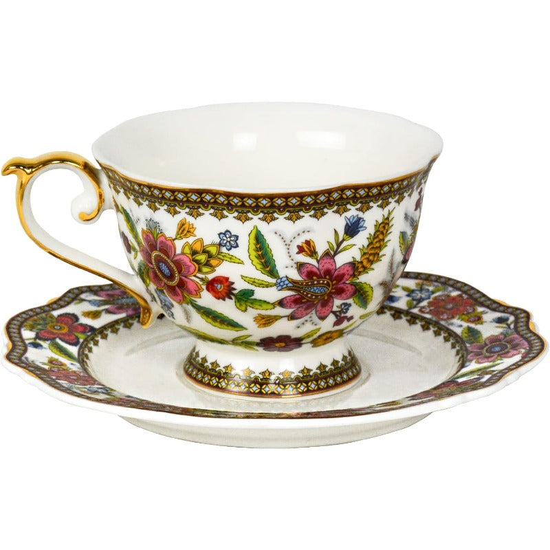 ACMLIFE Vintage Floral Bone China Tea Cup and Saucer Set for 1 - Elegant 6.8oz Tea Service with Golden Trim, Pink/Red/Blue/Green/White/Black/Golden Floral Patterns, Durable & Lightweight, Gift Box Included - Ideal for Tea Parties, Weddings, Housewarming -