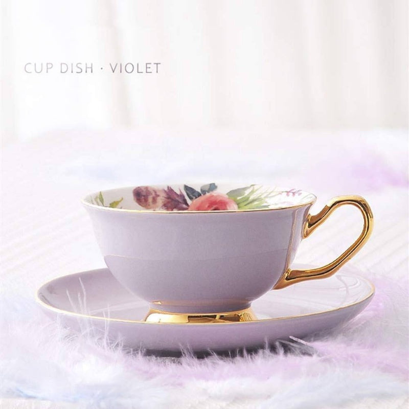 1pc Vintage Royal Purple Bone China Teacup & Saucer Set with Golden Rim - Elegant Fine Ceramic Coffee Cup and Spoon, Hand Wash Only, Delicate Floral Pattern in Soft Pastel Lavender/Purple Tones for Tea, Coffee, Desserts - Ideal for Home, Travel, or Formal