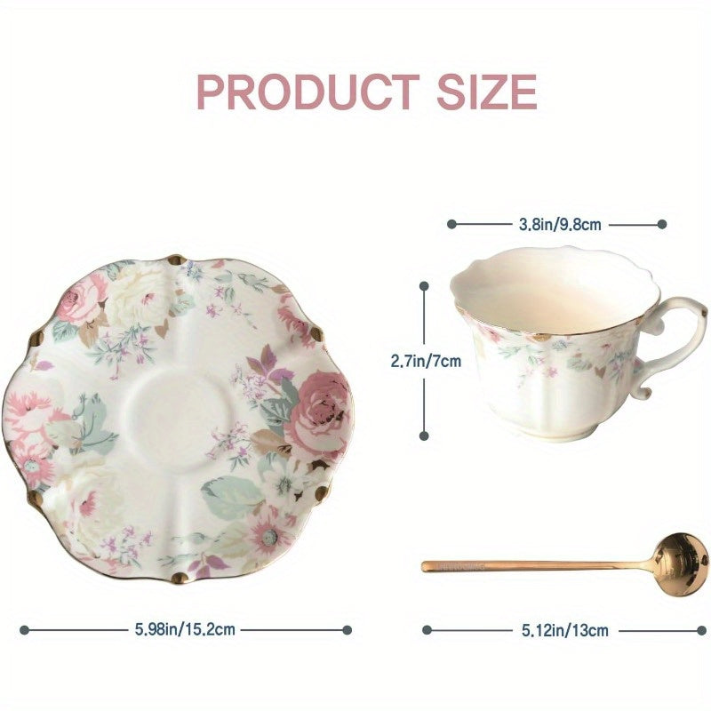Vinta Floral Porcelain Tea Cup and Saucer Set with Spoon Golden Trim 6.4oz Set of 1 Pink 1 Pink, Tea Set, Elegant Tea Party, Tea Time, Classic Porcelain, Vintage Floral Design, Fine China, Delicate Craftsmanship, Floral Teacup, Gift for Her, Hostess Gift
