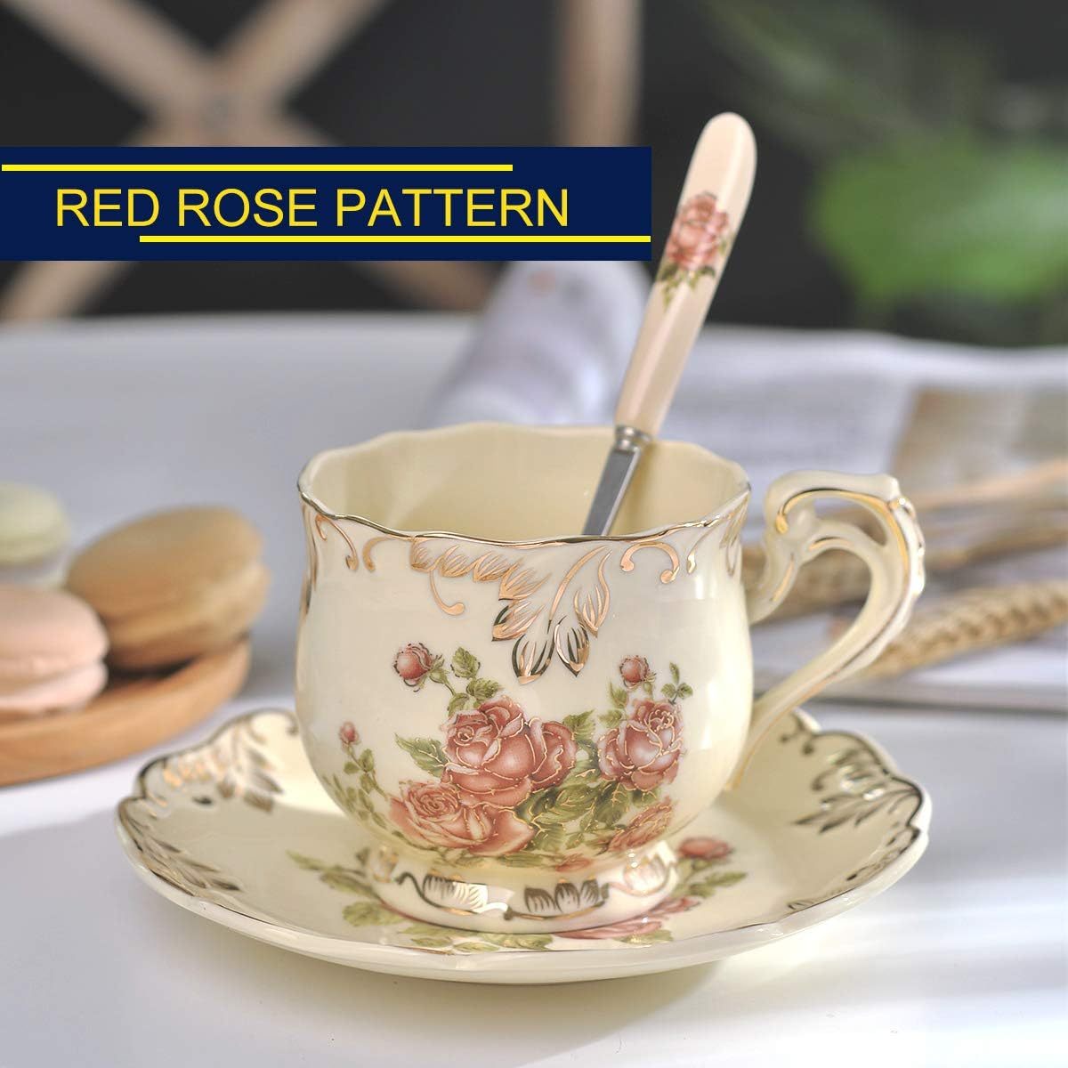 YOLIFE Vintage Floral Tea Cup and Saucer Set - Elegant Ivory & Golden Leaf Pattern, 8oz Ceramic Tea Service with Saucer & Spoon - Elegant Gift for Women, Wedding, Birthday, Housewarming - Luxury Tea Set for Afternoon Tea Parties, Dainty Floral Design in