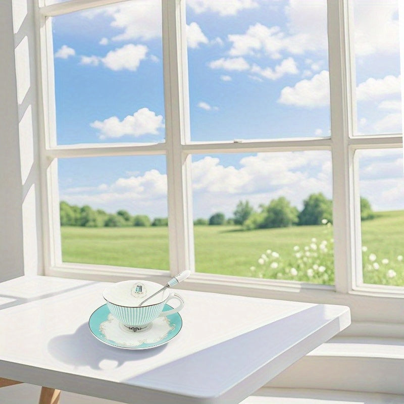 Elegant Vintage Ceramic Teacup Set with a Spoon And Saucer, Featuring Royal Bone China And Striped Design., Ideal for Weddings & Travel, This Porcelain Tea Cups Is An Excellent Luxury Gift, Accessory for Home Ceramic Sofa Mini Tea Cup Tableware Teaware.