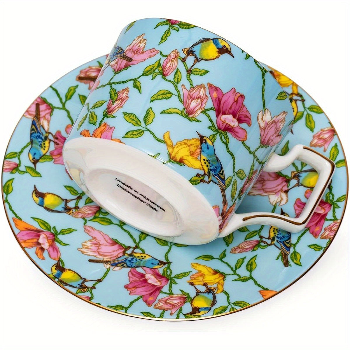 1pc Vintage Floral Teacup and Saucer Set - Elegant Bone China Tea Cups with Golden Rim & Handle, 8-Ounce Capacity, Pastel Blue & Pink Floral Pattern - Dishwasher Safe, Ideal Gift for Women, Mom, Birthday, Christmas, Mother's Day - Elegant Tea Party Set