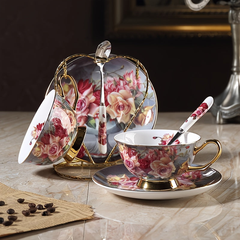 6pcs Elegant Floral Ceramic Coffee Cup and Saucer Set with 2 Dishes, 2 Cups, and 2 Spoons - Ideal for Afternoon Tea, Perfect Gift for Friends and Lovers, Hand Wash Only, Round Shape, Suitable for Coffee Shops and Dessert Shops, Coffee Bar Accessories