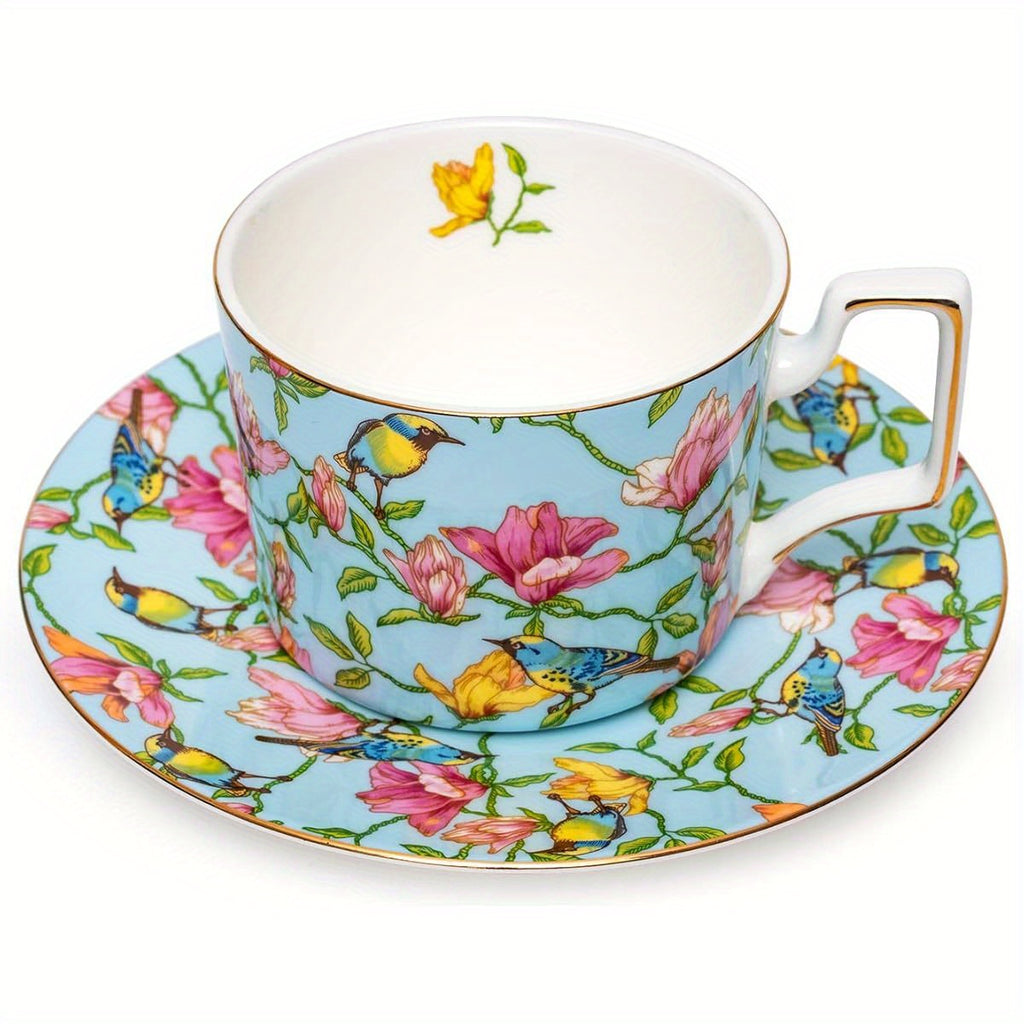 1pc Vintage Floral Teacup and Saucer Set - Elegant Bone China Tea Cups with Golden Rim & Handle, 8-Ounce Capacity, Pastel Blue & Pink Floral Pattern - Dishwasher Safe, Ideal Gift for Women, Mom, Birthday, Christmas, Mother's Day - Elegant Tea Party Set