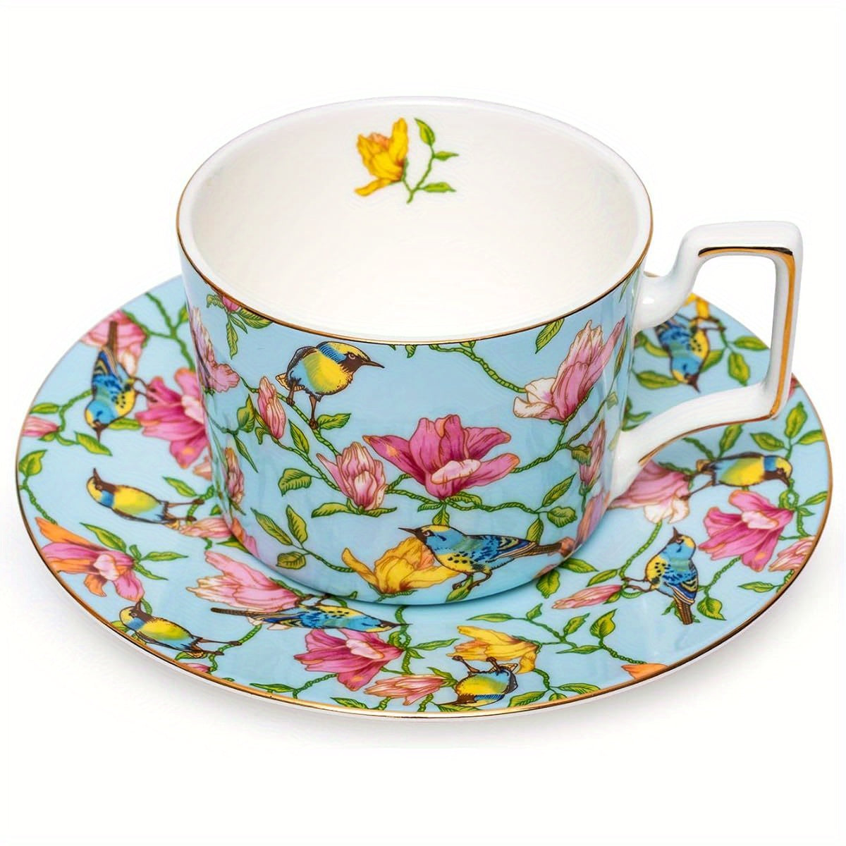 1pc Vintage Floral Teacup and Saucer Set - Elegant Bone China Tea Cups with Golden Rim & Handle, 8-Ounce Capacity, Pastel Blue & Pink Floral Pattern - Dishwasher Safe, Ideal Gift for Women, Mom, Birthday, Christmas, Mother's Day - Elegant Tea Party Set