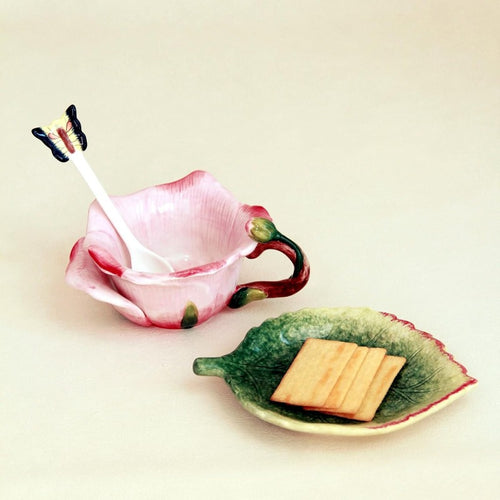 1pc Elegant Floral tea cup and saucer set - Hand-Painted Pink Roses, for Lotus Leaf, Pastel green, Non-Toxic Ceramic - Includes Matching Spoon - for Coffee, Tea, Home Decor - Birthday/Anniversary Gift for Women, Bridal Shower Present - Vintage Floral